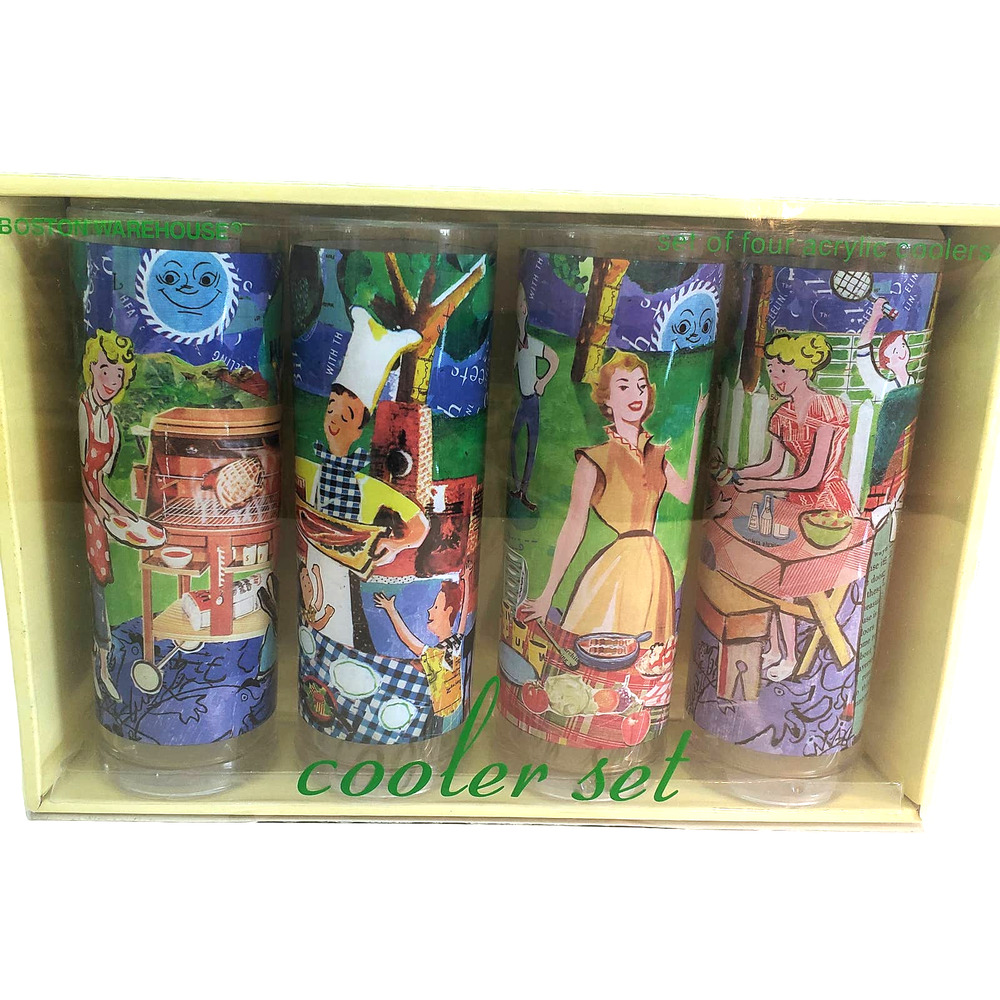 RARE 2003 BECKY DENNY VINTAGE Retro Barbeque 16 Ounce Acrylic Cups Set NOS